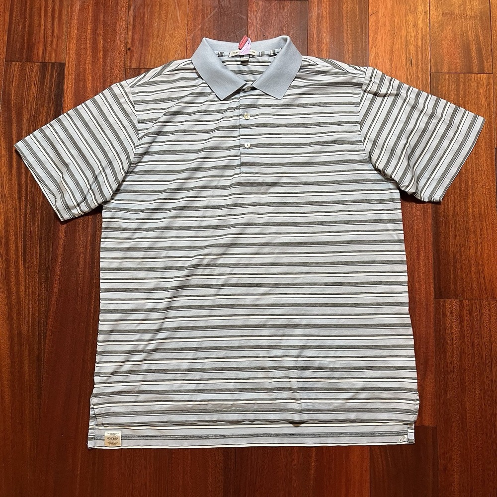 Vintage Peter Millar Polo Shirt Mens Large Blue White Gray Striped Casual Preppy